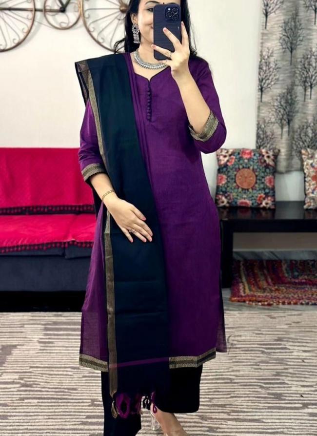 Cotton Purple Festival Wear Lace Work Readymade Kurti With Pant And Dupatta